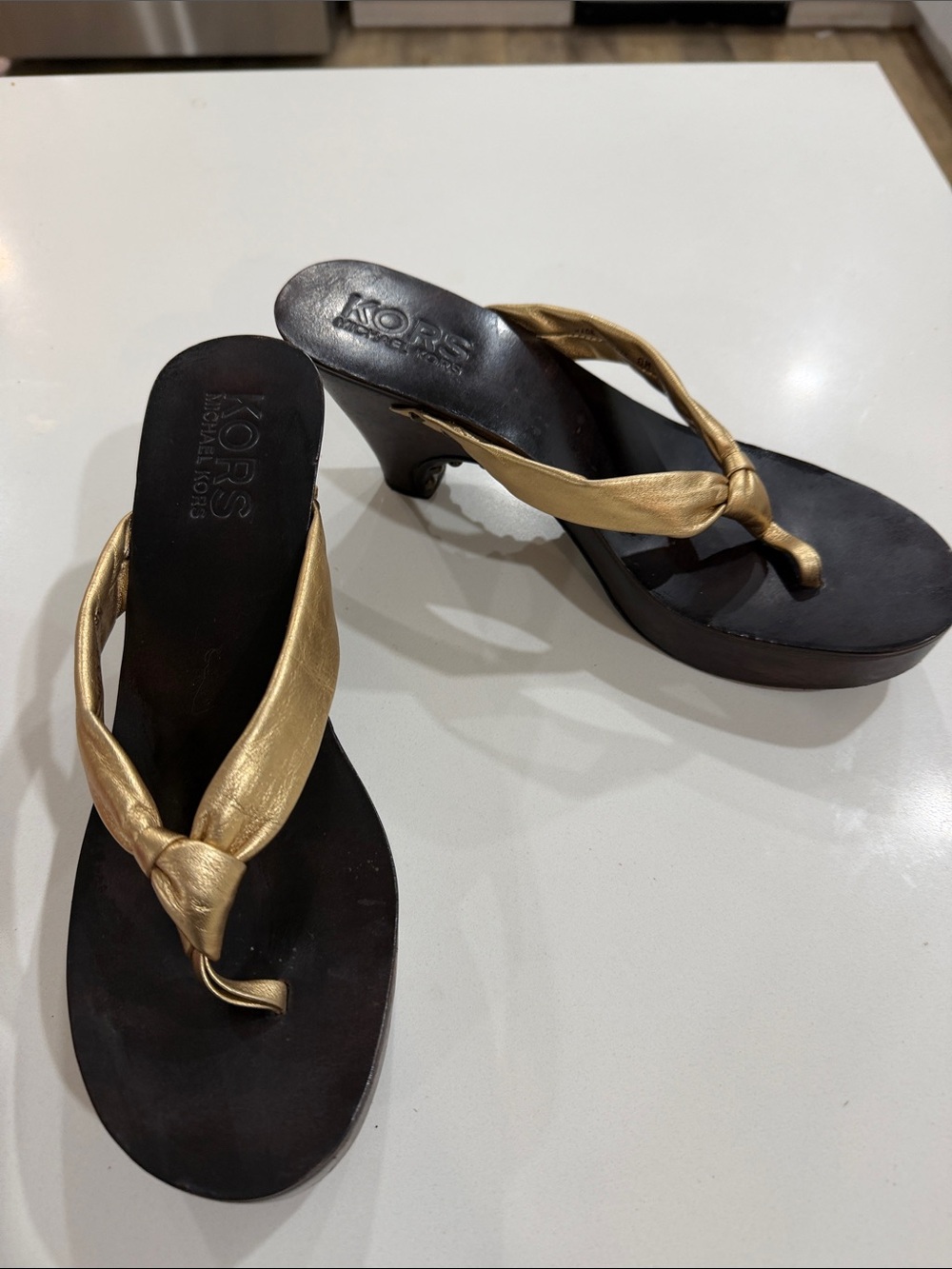 Michael Kors Gold Knot Thong Wedge Sandals